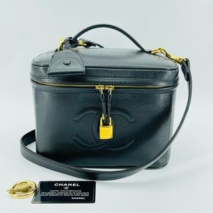 CHANEL Black Leather Vanity Crossbody with Gold-Tone Lock